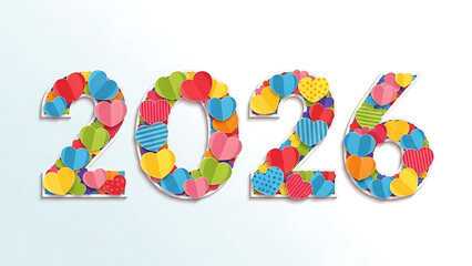 Vibrant colorful hearts fill 2026 numbers for a festive look