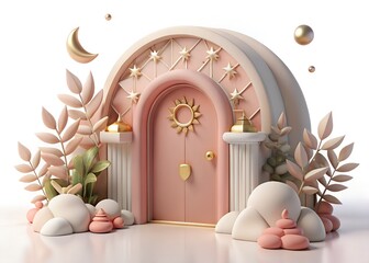 Whimsical pink doorway to fantasy world with bunny and floral decor