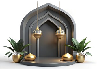 Islamic arch with lanterns and plants