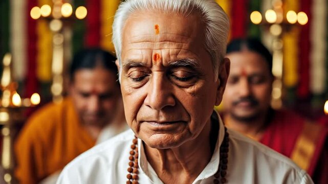 Elderly Indian Man in Traditional Attire Performing Religious Ritual with Devotees in Background During Spiritual Ceremony