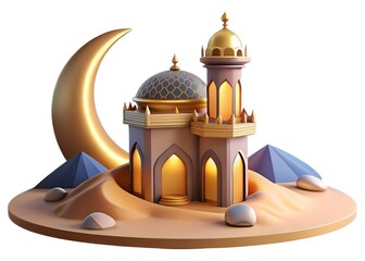A serene desert mosque under the crescent moon