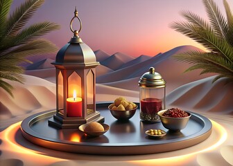 Serene desert scene with lantern candle and traditional middle eastern treats at sunset