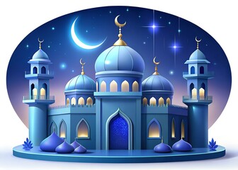 A serene and mystical mosque under a crescent moonlit night sky