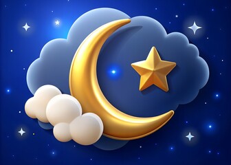 Golden crescent moon and star on a cloudy night sky