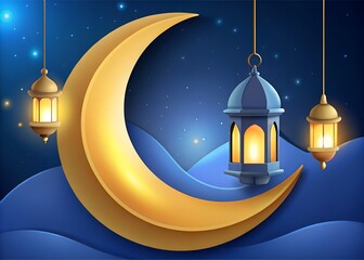 Ramadan crescent moon with lanterns in night sky
