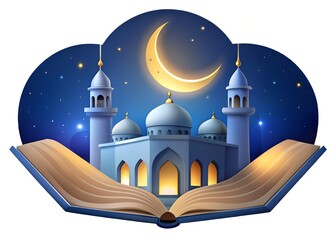 Ramadan night mosque scene with crescent moon and open book