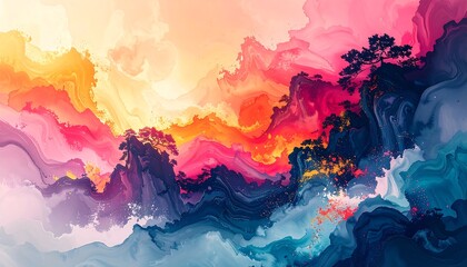 Vibrant Mountainside Landscape with Cloudy Sky.