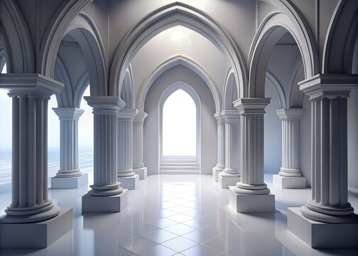 Gothic archway interior with columns and bright light