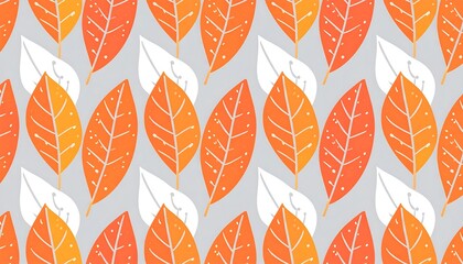 Seamless pattern of stylized autumn leaves in orange, white, and yellow hues on a light gray background