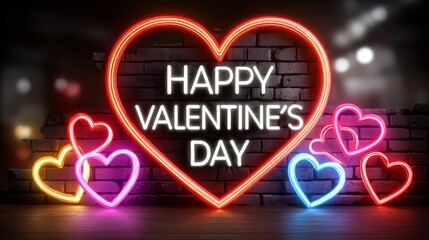 Neon heart-shaped lights in vibrant colors illuminate a rustic brick wall, celebrating love and affection for Valentine's Day with a festive atmosphere and joyful ambiance