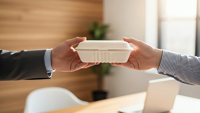 Person handing a container to another person in a modern office environment - Powered by Adobe