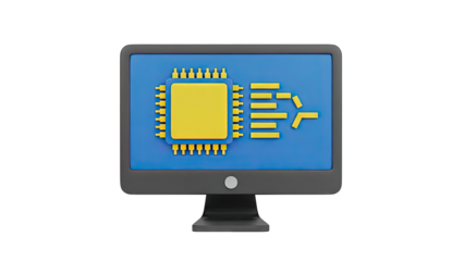 3D Computer Monitor Displaying Microchip and Data Flow