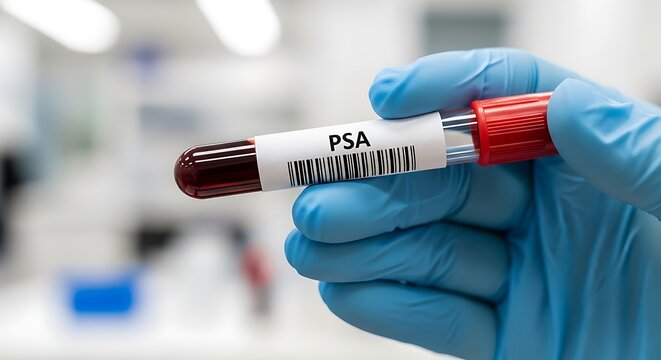 Medical professional holding page blood test tube for prostate cancer screening