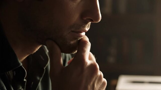 Thoughtful man in deep concentration with a serious expression and hand touching his chin in contemplation