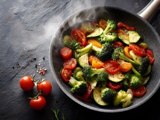 Top-down view of a non-stick frying pan filled with saut&eacute;ed mixed vegetables including broccoli, tomatoes, and zucchini with steam.