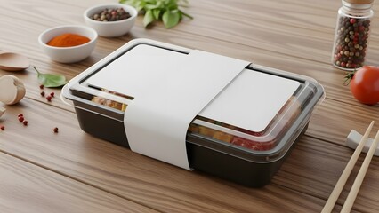 Open Bento Box Mockup with Rice and Vegetables for Restaurant Branding Presentation
