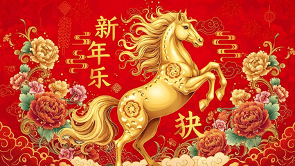 Obraz premium A vibrant red and gold Chinese New Year illustration featuring a majestic rearing golden horse, surrounded by traditional peonies and auspicious clouds.
