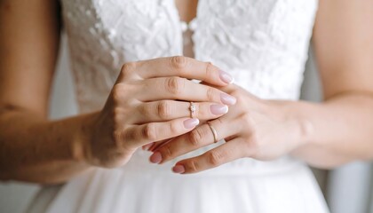 Obraz premium Brides Hands Adorned with Wedding Rings in Elegant White Dress.
