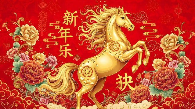 A vibrant red and gold Chinese New Year illustration featuring a majestic rearing golden horse, surrounded by traditional peonies and auspicious clouds.