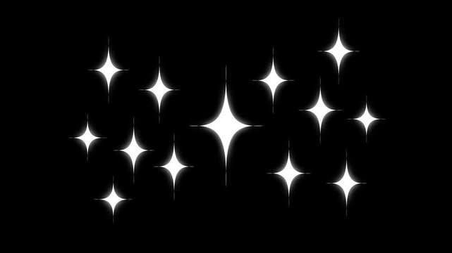 Star sparkle twinkle animation with glowing glitter rays shining white cartoon stars floating gently on dark black screen background motion graphics 4K