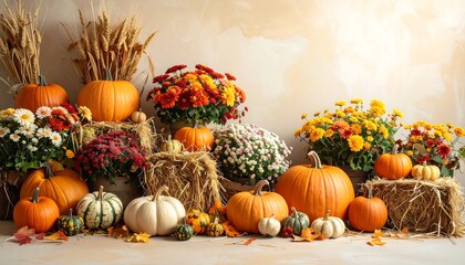 Autumn Harvest Display - Pumpkins, Flowers, and Wheat Sheaves.
