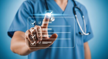 Medical professional interacting with virtual checklist page page era page