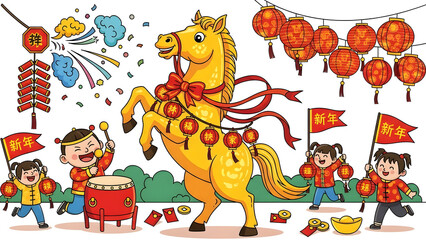 Naklejka premium Vibrant Chinese New Year celebration with a golden horse, children, lanterns, and firecrackers.