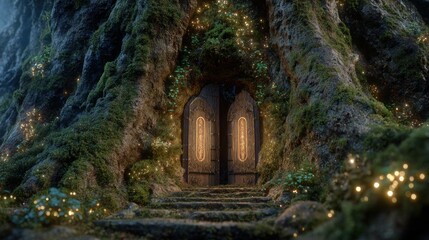 Mystical ancient doors in mossy cliff with glowing lights