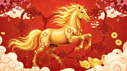 A majestic golden horse with a flowing mane stands proudly against a vibrant red background adorned with traditional Chinese knot decorations and cherry blossoms.