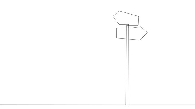 Fingerpost in continuous line art drawing style. Signpost pointing in the direction of travel to places minimalist black linear design isolated on white background. Vector illustration.