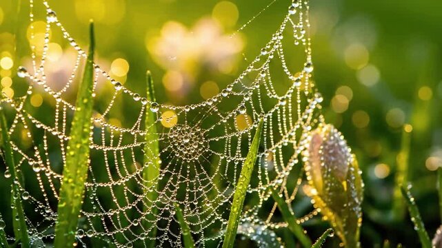 Glistening Spiderweb in Golden Light dew sparkle spring Close up, capturing an intricate spiderweb strung between fresh spring
