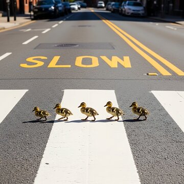Ducklings crossing the road on a pedestrian crossing, slow down.