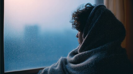 Person wrapped in blanket looking out rainy window