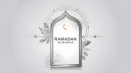 Elegant monochromatic greeting card design featuring an arched doorway motif, crescent moon, star, and stylized botanical elements for ramadan mubarak celebration