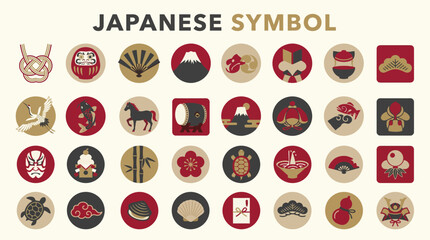 Japanese Symbol Icon Grid Vector – 30 Stylized Motifs in Red, Black, Gold for Cultural Design, Education, Heritage Appreciation, and Graphic Art Projects