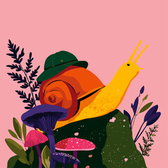 Playful cartoon snail in a vibrant forest setting © Edik