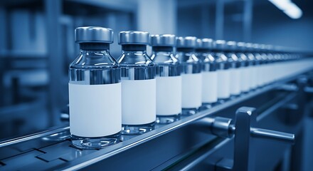 Vaccine bottles moving on conveyor belt in factory