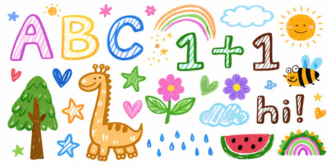 Obraz premium Colorful children s drawings include letters numbers animals and cheerful weather elements