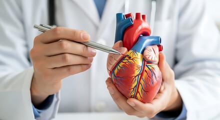 Doctor examining human heart model with pen