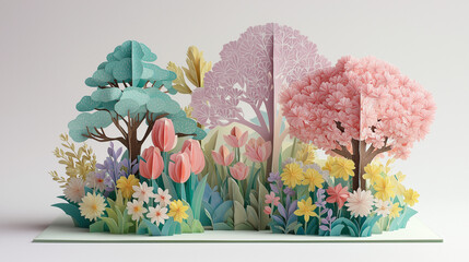 paper cut floral pop up card, spring tulip paper garden, delicate handmade flower illustration
