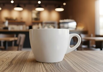 White coffee cup on a wooden table in a coffee shop