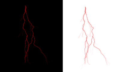 Red lightning bolt on black and white background split design
