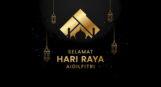 Displays a selamat hari raya aidilfitri greeting with golden decorations on black, perfect for festive holiday designs and celebrations.