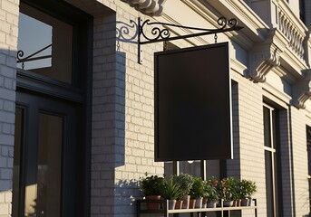 Blank signboard hanging outside building with potted plants