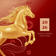 Luxury Chinese New Year 2026 Golden Horse on Red Background
