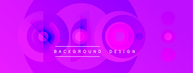 Abstract purple design features overlapping circles, gradients. Text reads background design centered below shapes. Modern, vibrant aesthetic.