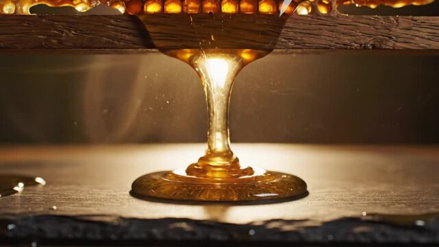 Close-up shot of golden honey dripping from honeycomb onto a slate surface creating a pool