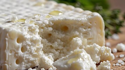 A closeup shot of a rustic block of fresh white cheese possibly feta or ricotta with a crumbly texture and visible salt crystals artfully presented on a wooden surface suggesting gourmet culinary pre.