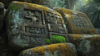ancient mayan moss covered stone glyphs with colorful moss and detailed carvings, historic mesoamerican archaeological art. 

