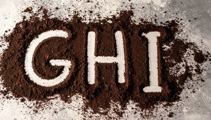 Letters GHI in coffee grounds on a textured surface.